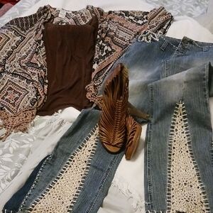 Boho Chic Ensemble with Denim and Fringe